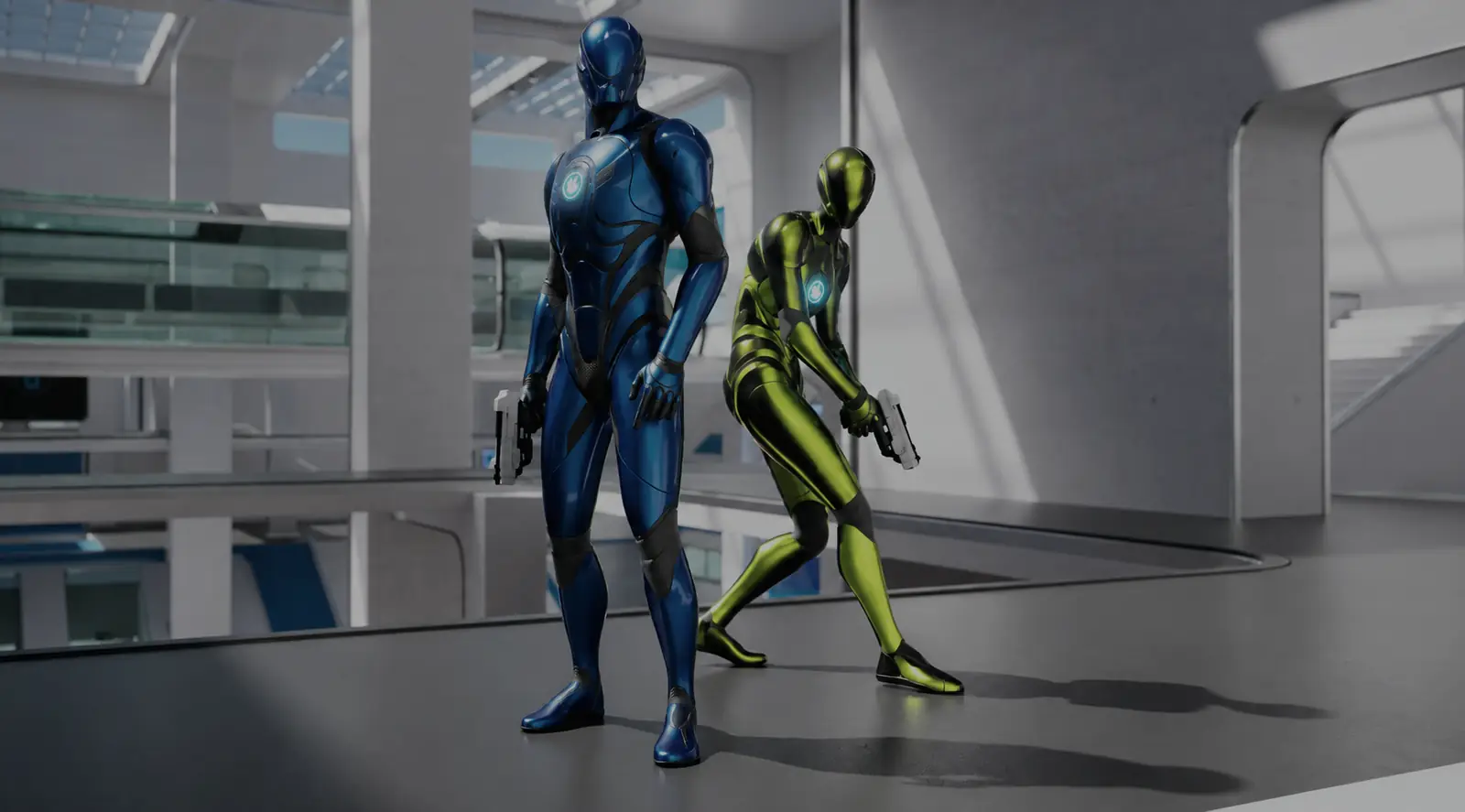 Personnages stylisés dans un environnement blanc futuriste, rendu Unreal Engine 5