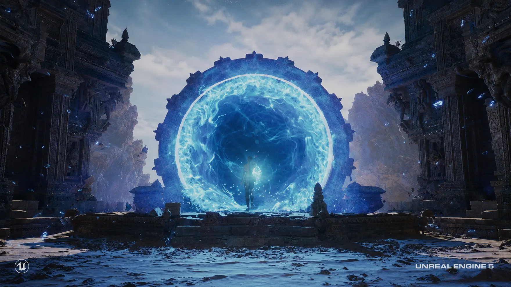 Portail d'énergie dans des ruines antiques, rendu temps réel Unreal Engine 5