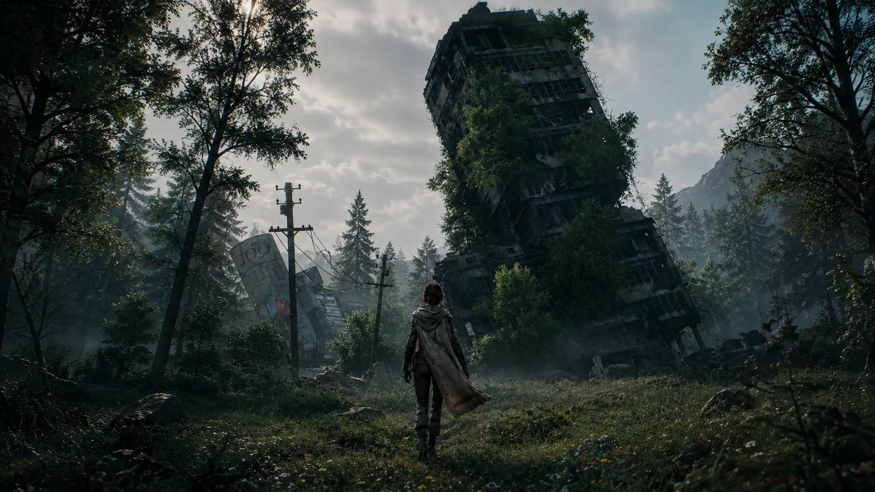 Personnage face à des ruines reprises par la végétation, rendu temps réel Unreal Engine 5